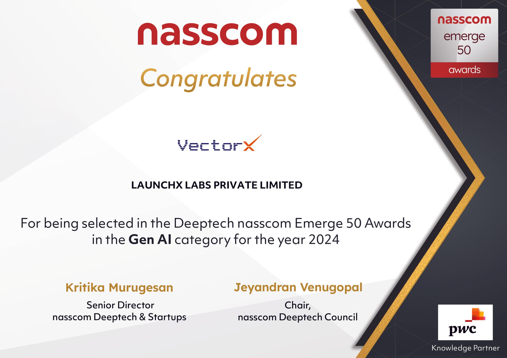 NASSCOM Emerge 50 Winner - GenAI Award
